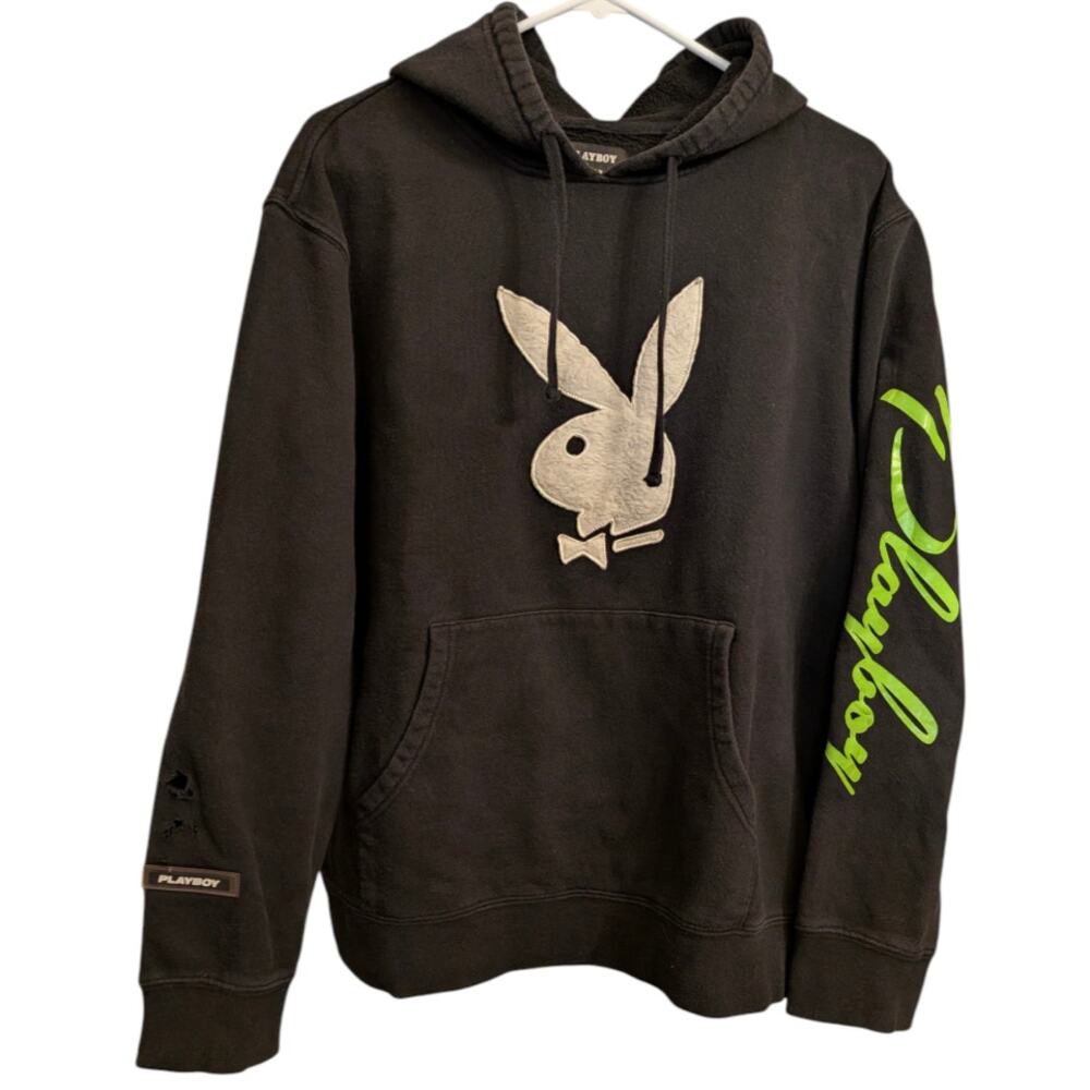 Playboy by Pacsun Fuzzy Bunny Pullover Hoodie Sweatshirt Black Sleeve Hit XL
